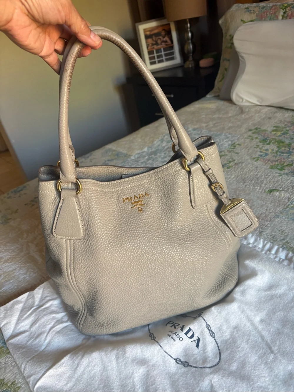 Prada Taupe Pebbled Leather Shoulder Bag with Gold Hardware.